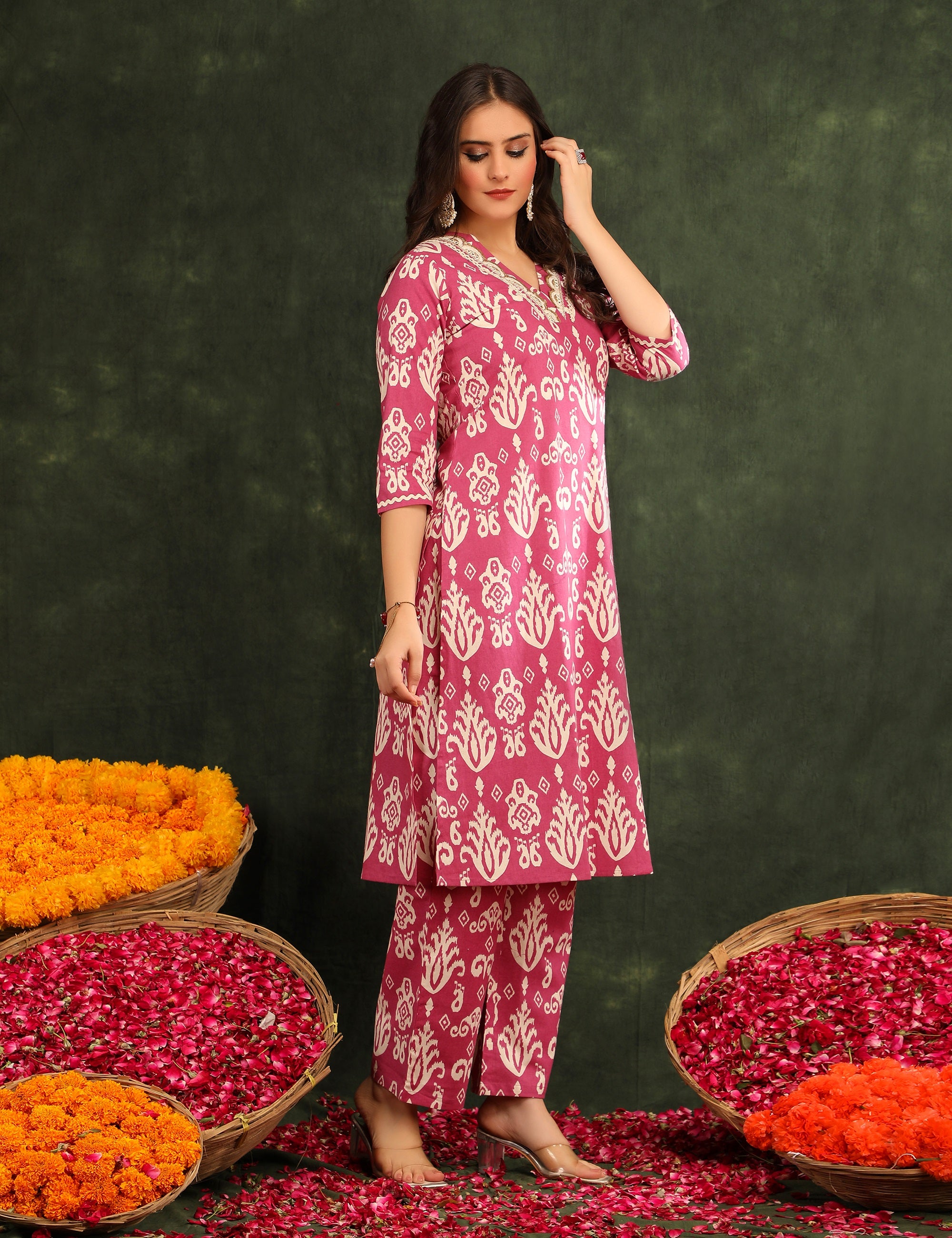 Women Printed Regular Thread Work Pure Cotton Kurta with Palazzos